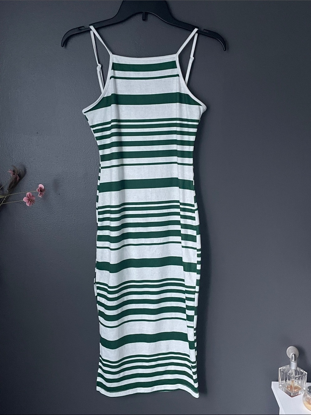 SHEIN Green & White Striped Maxi Dress Size 2 Spaghetti Strap Bodycon